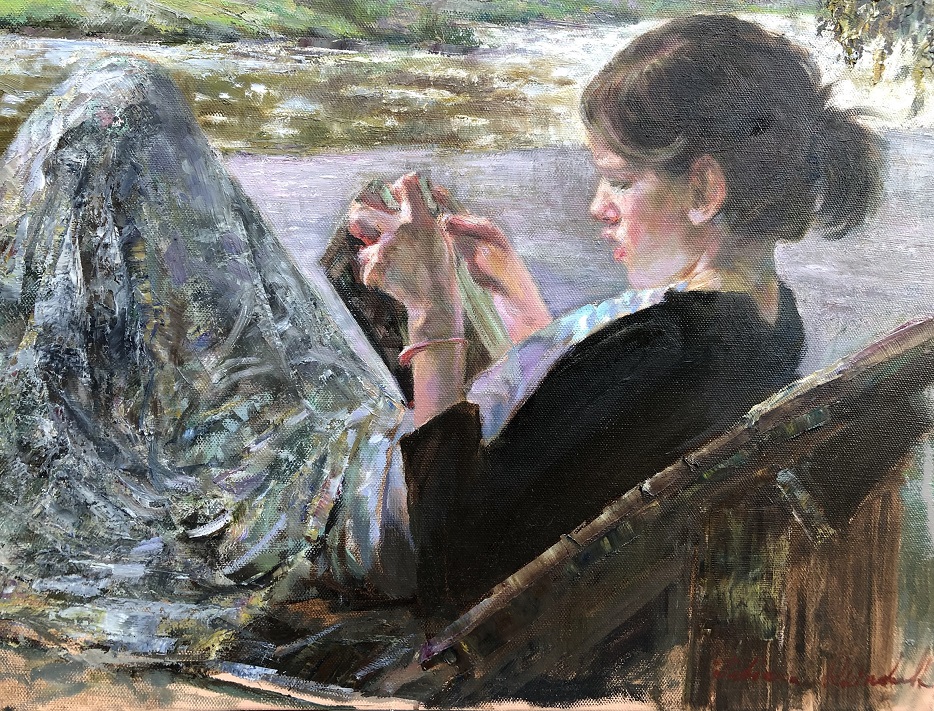 Girl reading beside stream by Tatiana Rhinevault - Click for Details